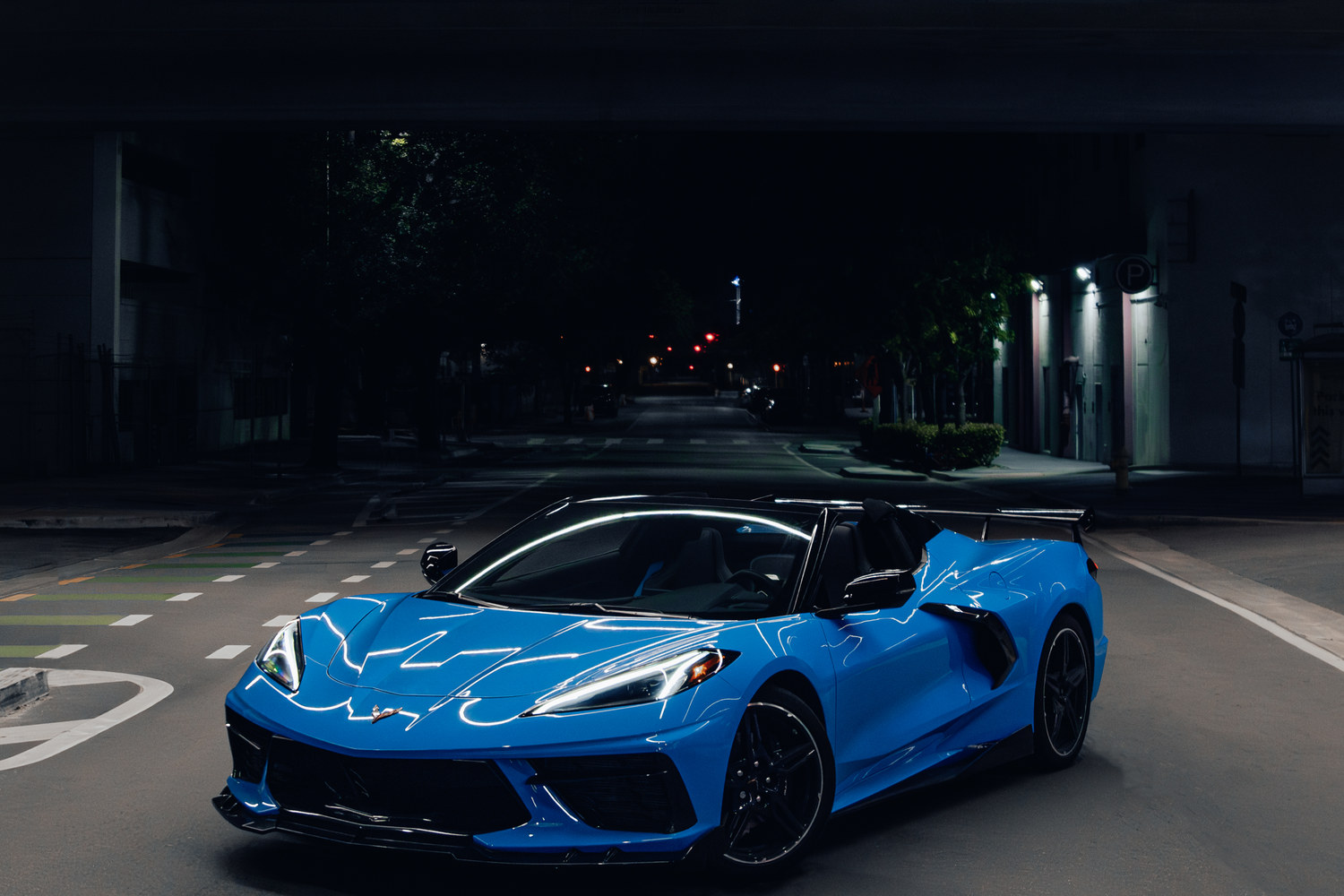 Corvette C8 front three-quarter at night